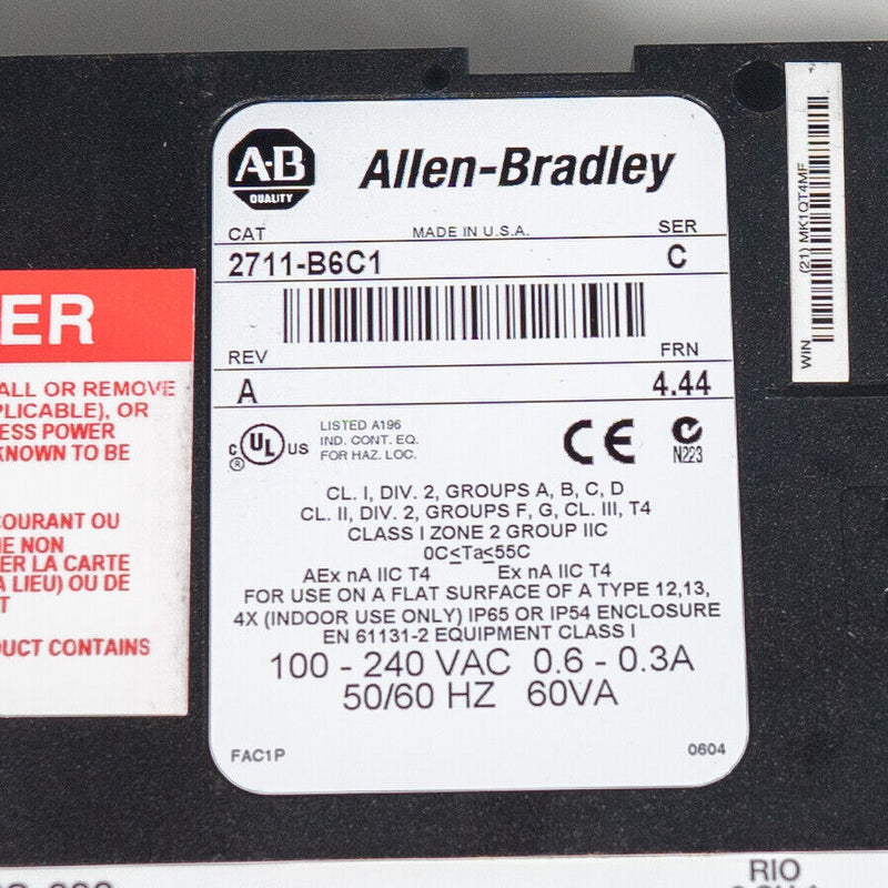 Allen Bradley PanelView 600 2711-B6C1 HMI Terminal With Mounting Hardware