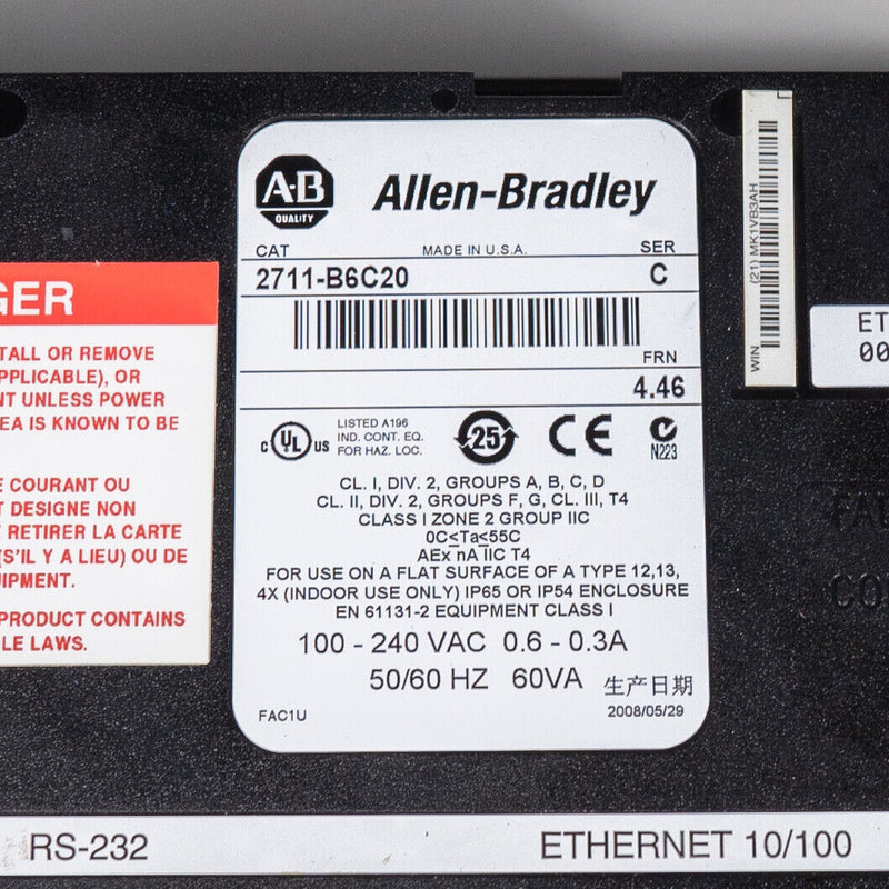 AB Allen Bradley PanelView 600 2711-B6C20 HMI Terminal FRN4.46 SER C Ethernet